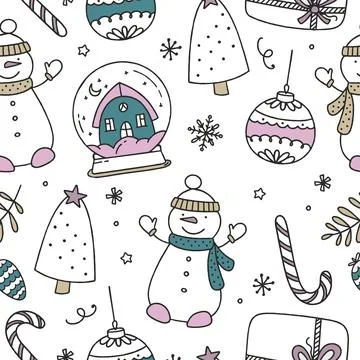Seamless Christmas Pattern on White Background Vector Doodle Christmas Stock Illustration
