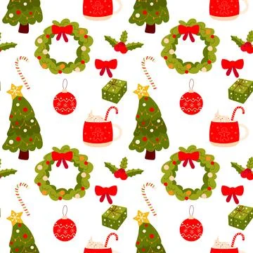 Seamless Christmas pattern on white background Christmas tree, gift, toy.  .. Stock Illustration