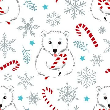 A seamless Christmas pattern with a white polar bear holding a candy cane. Wi 库存插图