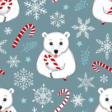 A seamless Christmas pattern with a white polar bear holding a candy cane. Wi Stock Illustration