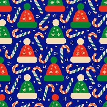 Seamless Christmas pattern with winter Hats and candy canes 스톡 일러스트