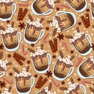 Seamless Christmas pattern. Wrapping paper for coffee bar. Cappuccino or frap Stock Illustration