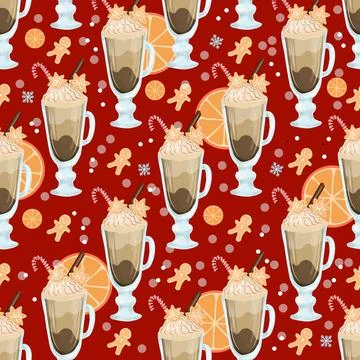 Seamless Christmas pattern. Wrapping paper for coffee bar. Cappuccino or frap Stock Illustration