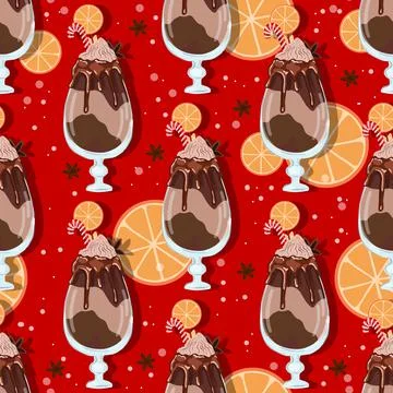 Seamless Christmas pattern. Wrapping paper for coffee bar. Cappuccino or frap Stock Illustration