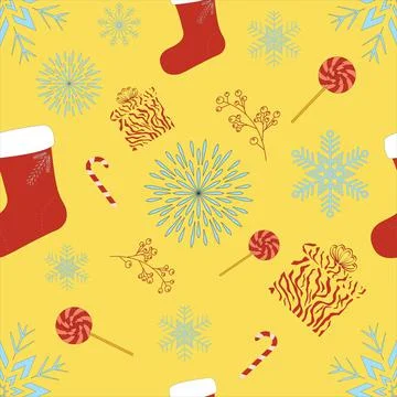 Seamless christmas pattern on yellow background Stock Illustration