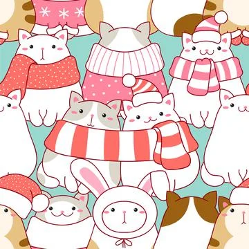 Seamless Christmas patterns with  cute fat cats in scarves and hats イラスト素材