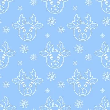 Seamless Christmas patterns with deer and snowflakes, doodle style Stock Illustration