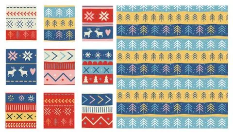 Seamless Christmas patterns. Vector design in nordic style Stock Illustration
