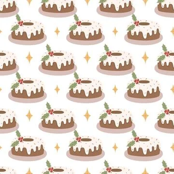 Seamless Christmas Pudding Pattern with Festive Cakes and Holly Decorations Stock Illustration