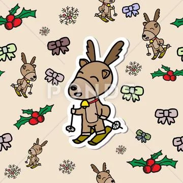 Seamless christmas reindeer skiing Stock Illustration