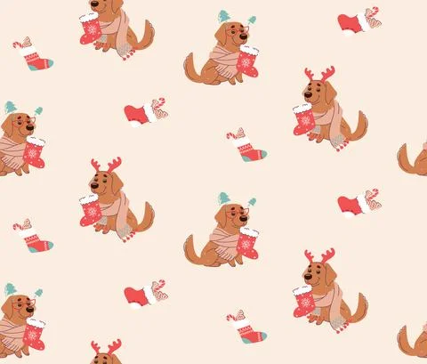 Seamless Christmas seamless pattern with dogs. Vector in flat style Stock Illustration