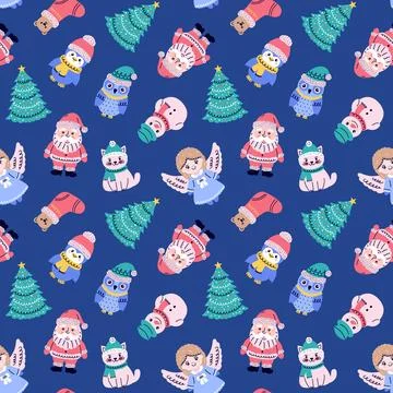 Seamless Christmas-themed pattern features festive characters like Santa, r.. Stock Illustration