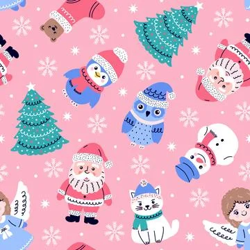 Seamless Christmas themed pattern with festive characters. Sanata Claus, sn.. Stock Illustration