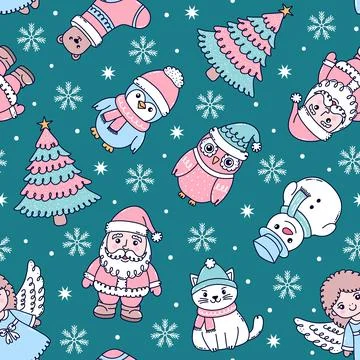 Seamless Christmas themed pattern with festive characters. Sanata Claus, sn.. Stock Illustration