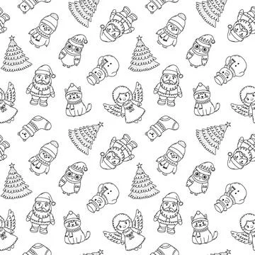 Seamless Christmas themed pattern with festive characters. Sanata Claus, sn.. Stock Illustration