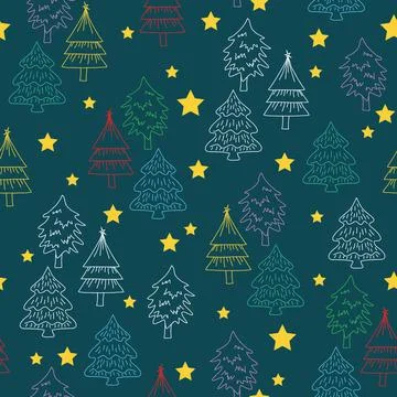 Seamless Christmas tree doodles pattern Stock Illustration
