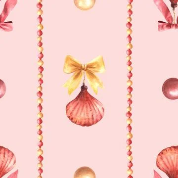 Seamless Christmas winter pattern. Seashell toys with red gold bows and balls Illustrazione stock