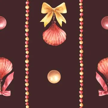 Seamless Christmas winter pattern. Seashell toys with red gold bows and balls Illustrazione stock