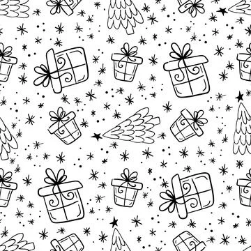 Seamless christmass pattern of snow, gift box and christmass tree. Hand drawn Stock Illustration