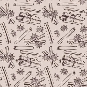 Seamless Cinnamon Stick Doodle Pattern with Star Anise and Bundle. Aromatic Stock Illustration