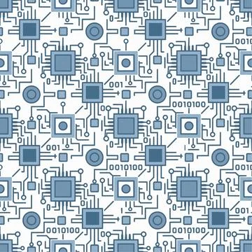Seamless circuit board pattern with microchips processors binary code and c.. Stock-Illustration
