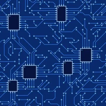 Seamless circuit board pattern with microchips, processors and connection lines Stock Illustration