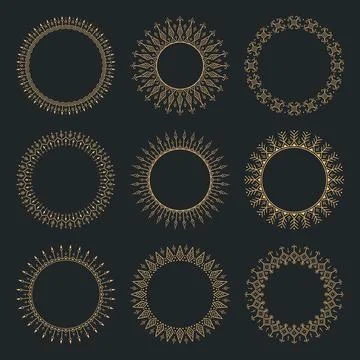 Seamless Circular Ornamental Round Set. Gold on Black Mandala Frames Collection Illustrazione stock