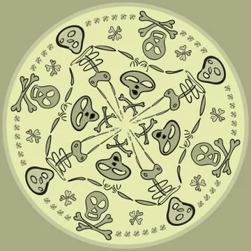 Seamless circular pattern of comic skulls and skeletons Stock Illustration