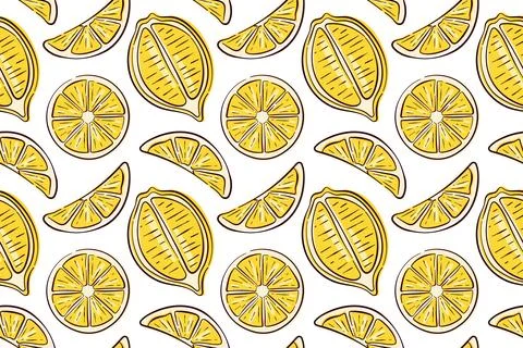 Seamless citrus pattern with flat lemons slice in yellow color on a white Stock Illustration