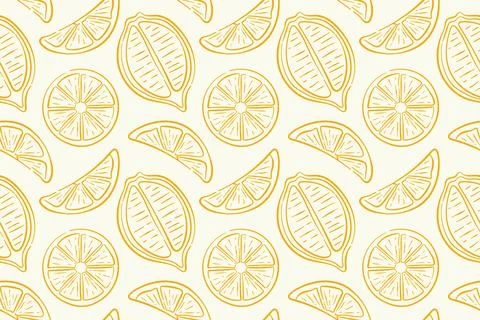 Seamless citrus pattern with line art style lemon slice on a biege background Stock Illustration