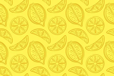 Seamless citrus pattern with line art style lemon slice on a yellow background Stock Illustration