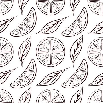 Seamless citrus slice pattern with line art style lemon segment and leaf Illustrazione stock