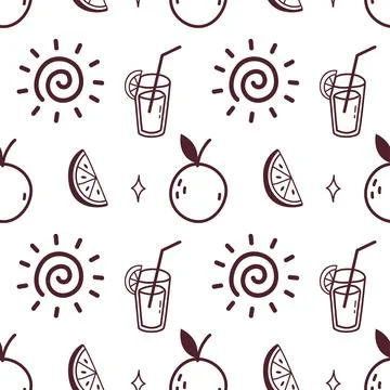 Seamless Citrus Summer Doodle Pattern with Oranges, Sun and Drinks Illustrazione stock