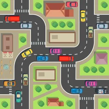 Seamless city map. Top view building and street with cars and trucks. Urban plan Ilustración de archivo