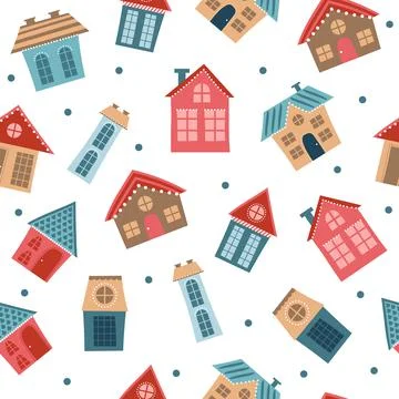 Seamless city pattern. Cartoon colored houses of different sizes endless design Ilustración de archivo
