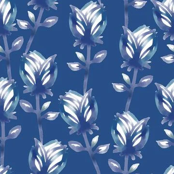 Seamless classic pattern background with sketch blue flowers , greeting card  Stock Illustration