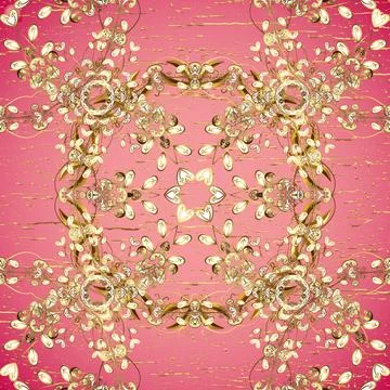 Seamless classic vector pink, brown and beige and golden pattern. Traditional or イラスト素材
