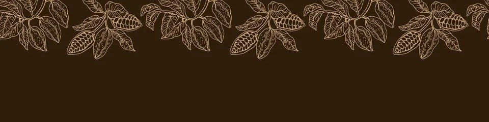 Seamless cocoa beans border background with cacao fruit and leafy branches. Stock Illustration