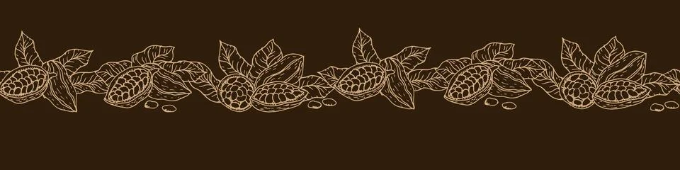 Seamless cocoa beans border pattern with cacao fruit and leafy branches. Stock Illustration