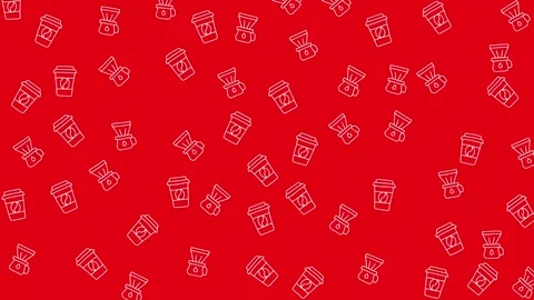 Seamless Coffee and Tea Equipment Line Art Pattern on Red Background Stock Footage 345539043