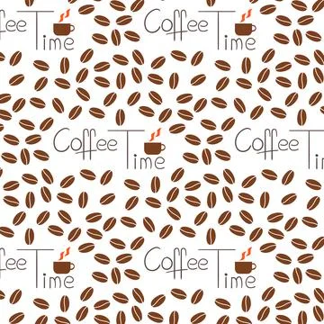 Seamless Coffee Bean Pattern with text Coffee time on White Background. Stock Illustration