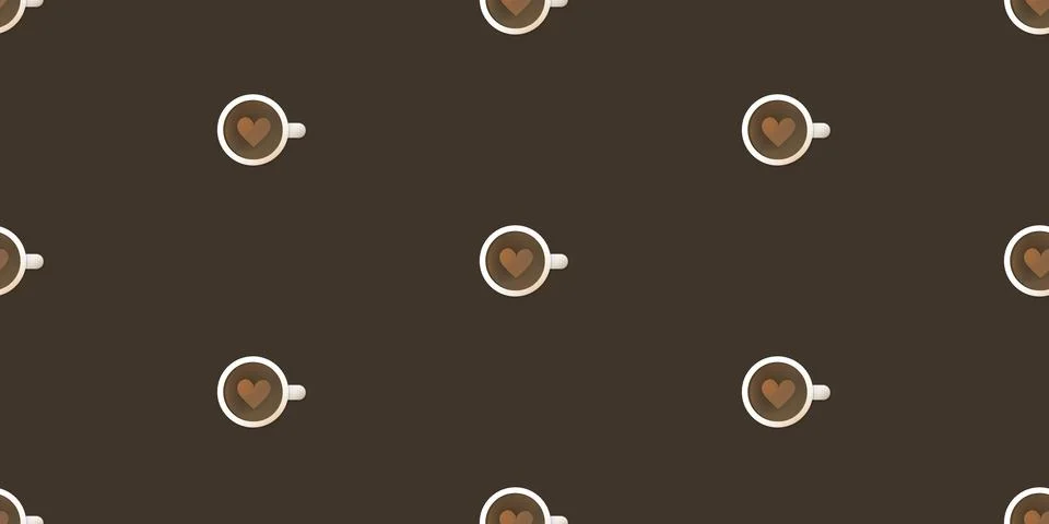 Seamless Coffee Cup Icons Pattern with Heart on Wide Scale Dark Brown Backg.. Illustrazione stock