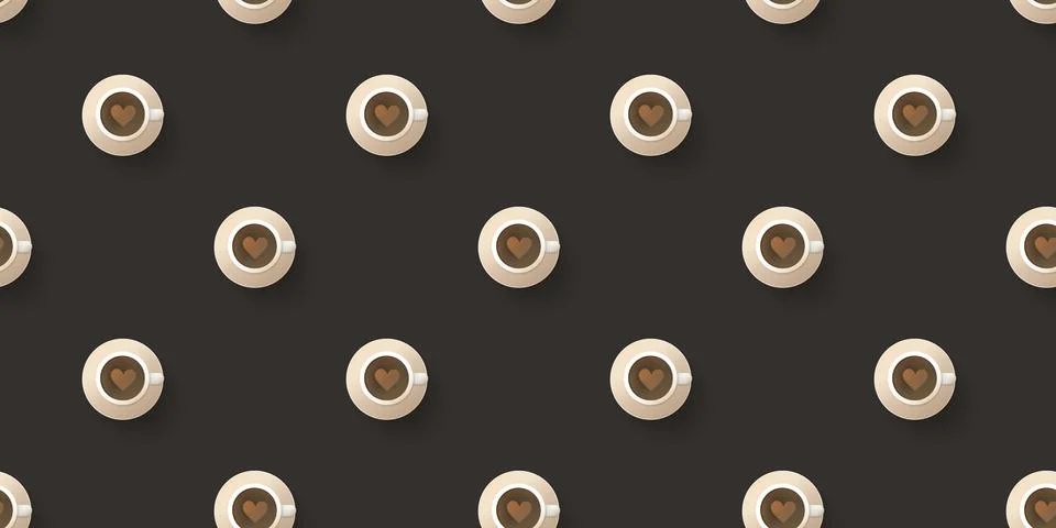 Seamless Coffee Cup Icons Pattern on Wide Scale Dark Brown Background - Des.. Ilustración de archivo