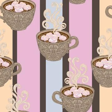Seamless Coffee Cup with Marshmallow Pattern Vector Hand Drawn Mediterranean  Stock Illustration