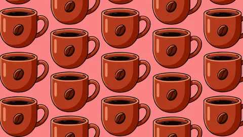 Seamless Coffee Cup Pattern Animated Motion Graphic Background in Pink Stock Footage 345237076