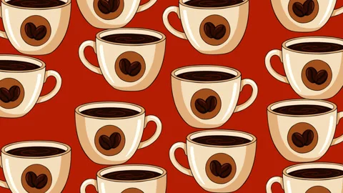 Seamless Coffee Cup Pattern Background with Coffee Bean Design Stock Footage 345106744