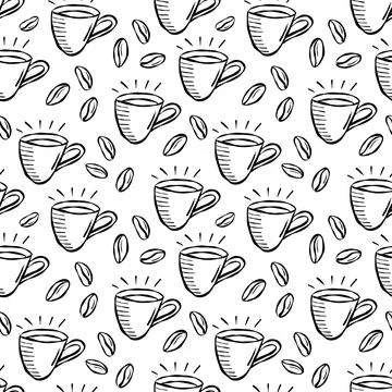 Seamless Coffee Cups and Beans Doodle Pattern Illustrazione stock