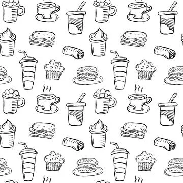 Seamless coffee doodle pattern with cups, desserts, and drinks Stock Illustration
