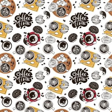Seamless Coffee Doodle Pattern with Latte Art, Donuts and Lettering. Sweet Stock Illustration