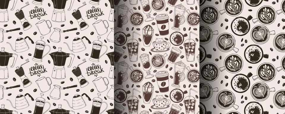 Seamless Coffee Doodle Pattern Set with Brewing Tools, Drinks and Latte Art in Stock Illustration